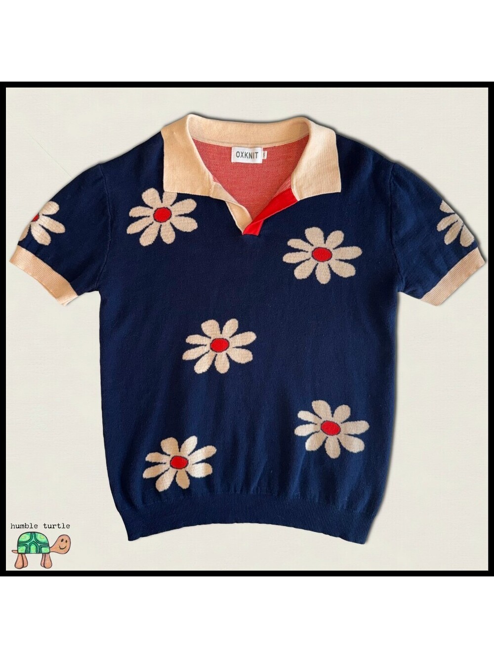 OXKNIT Retro Navy Blue Cotton Polo Sweater | Beige & Red Daisy Pattern | Size S